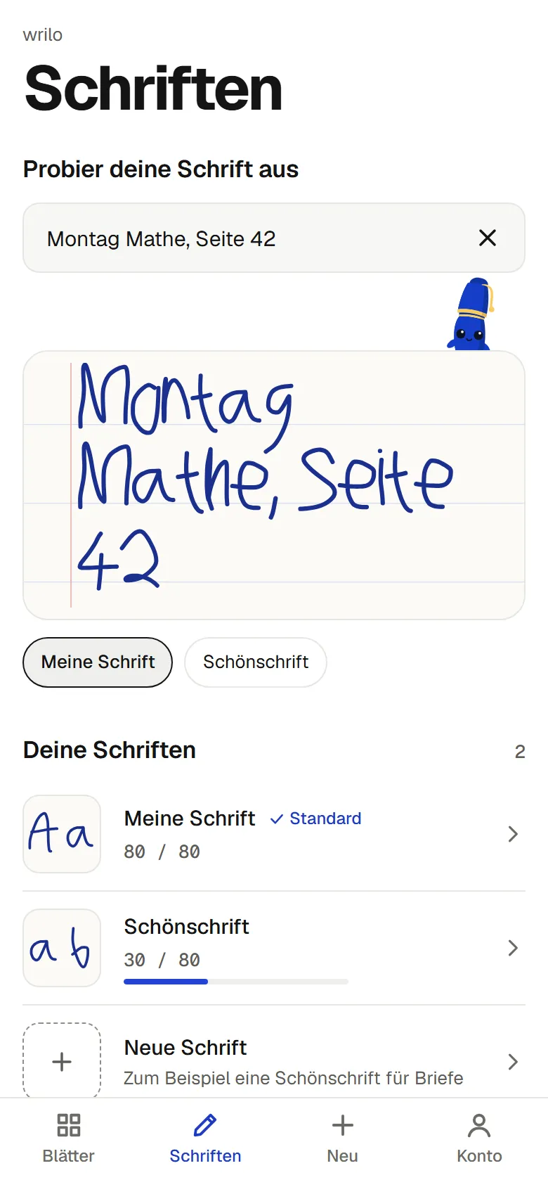 Schriften in Wrilo: ein Feld zum Ausprobieren, darunter Meine Schrift und Schönschrift